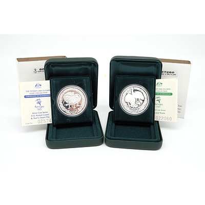 Two $5 Sydney 2000 Olympic .999 Silver Proof Coins, Including Lizard and Emu