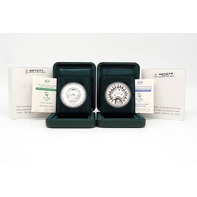 Two $5 Sydney 2000 Olympic .999 Silver Proof Coins, Including Sea Change and Reaching the World