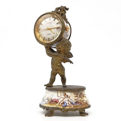 Antique French Ormulu and Limoges Hand Painted Enamel Clock with Later Swiss Legend Seventeen Jewel Incabloc Movement