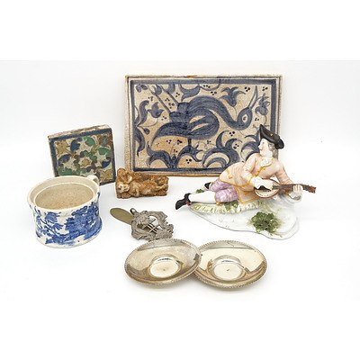 Group of Collectables, Including Silver .925 Bon Bon Dishes, Antique Decorative Tiles, Porcelain Figurine and More
