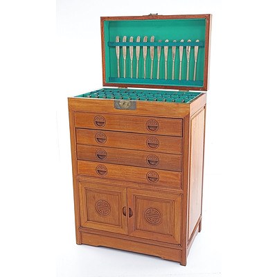 Chinese Rosewood Cutlery Canteen with Nickel Bronze Flatware