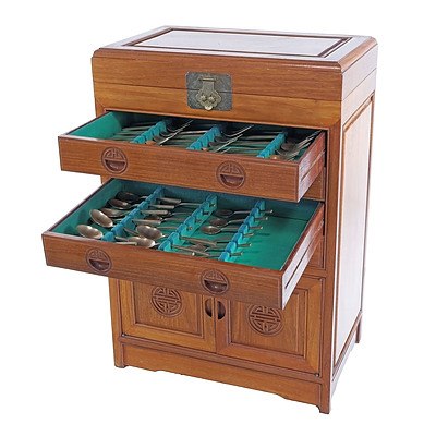 Chinese Rosewood Cutlery Canteen with Nickel Bronze Flatware