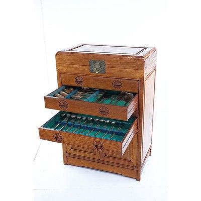 Chinese Rosewood Cutlery Canteen with Nickel Bronze Flatware