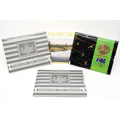 Four RAM Uncirculated Coin Sets, Including Two 1987 Mint Set, 1988 Mint Set - Bicentenary and 1992 Olympic Games