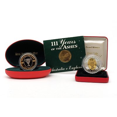 RAM 2004 $5 AFL Coin, 2003 $5 Rugby World Cup Coin and 111 Years of the Ashes Coin