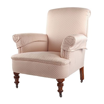 Edwardian Armchair Reupholstered in Salmon Fabric with Floral Motif