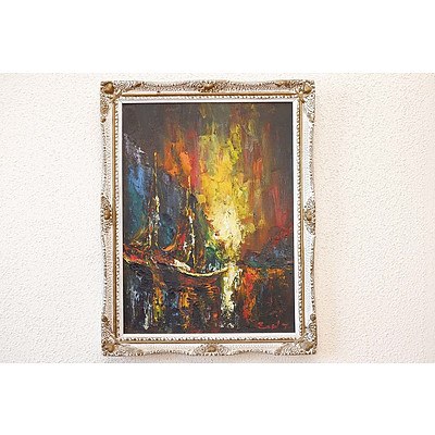 Signed Chinese Oil on Canvas, Boats at Sunset