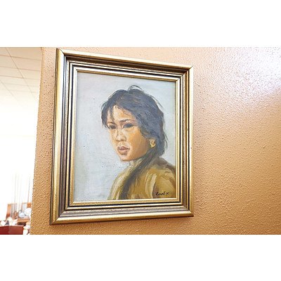 Signed Chinese Oil on Canvas, Portrait of a Girl