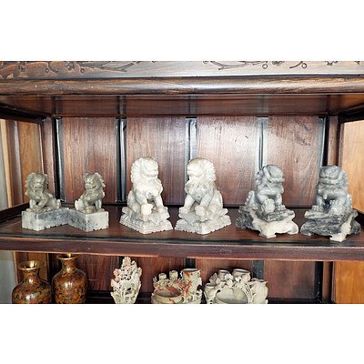 Three Pairs of Chinese Carved Soapstone Temple Dogs