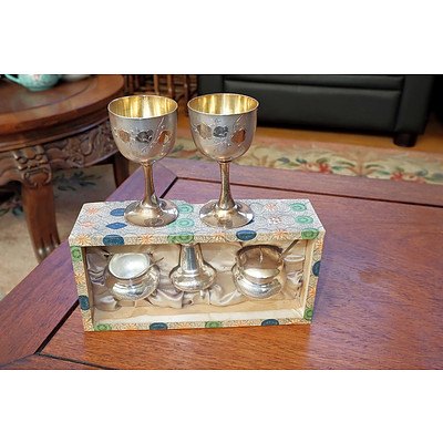 Hallmarked Chinese Silver Small Goblets and Cruet Set, 131g