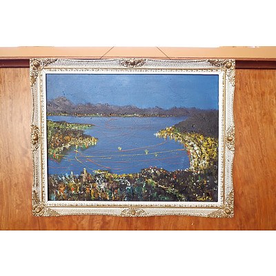 Signed Chinese Oil on Canvas, Hong Kong Harbour