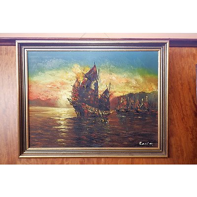 Signed Chinese Oil on Canvas, Junk at Sunset