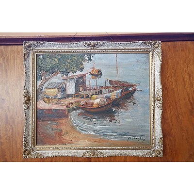 John Huang (Chinese Dates Unknown) Fishing Boats 1958, Oil on Canvas