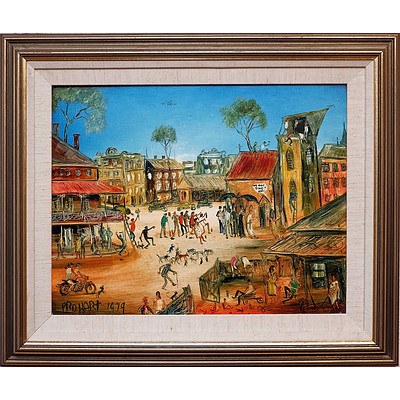Pro Hart (1928-2006) Town 1979, Oil on Canvas Board