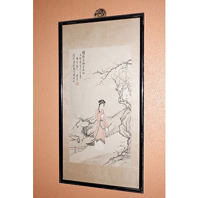 Qinxuan Huang (Chinese Dates Unknown) Framed Scroll Painting Beauty in the Garden, Ink and Colour on Paper with Silk Backing