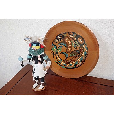 North American Kachina Doll and Haida Killer Whale Decorated Cedar Tray