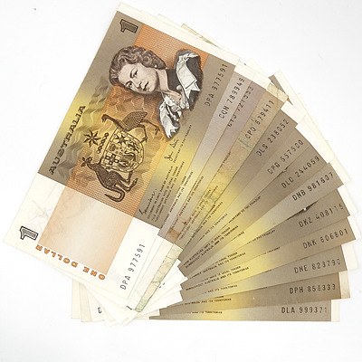 Thirteen Australian One Dollar Notes, Including Johnston / Stone DLS238052, Knight / Stone CQN789949 and More