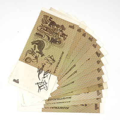 Thirteen Australian One Dollar Notes, Including Johnston / Stone DLS238052, Knight / Stone CQN789949 and More