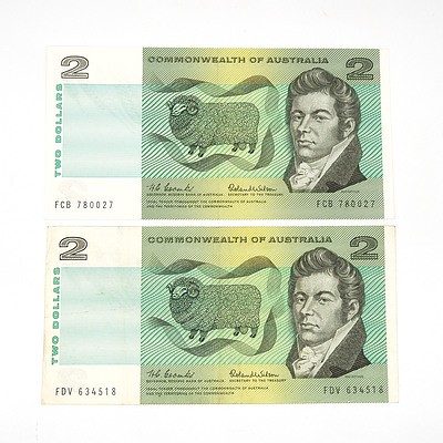 Two Commonwealth of Australia Coombs / Wilson Two Dollar Notes, FCB780027 and FDV634518