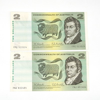 Two Commonwealth of Australia Coombs / Randall Two Dollar Notes, FPQ523524 and FNJ832484