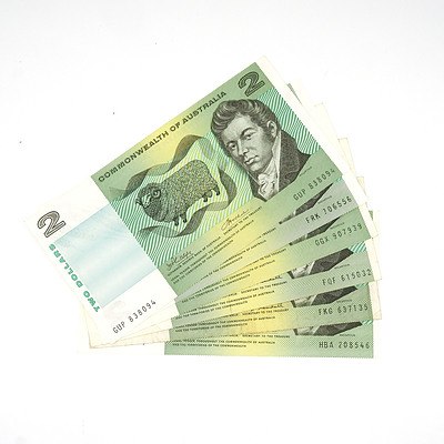 Six Commonwealth of Australia Two Dollar Notes, Including 1972 Phillips / Wheeler GUP838094
