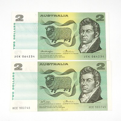 Two Australian Two Dollar Notes, Phillips / Wheeler HCC903745 and  Knight / Wheeler JCK064234