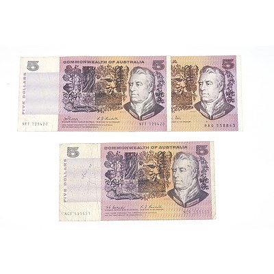 Three Australian Five Dollar Note, Including 1969 Phillips / Randall NFT129420