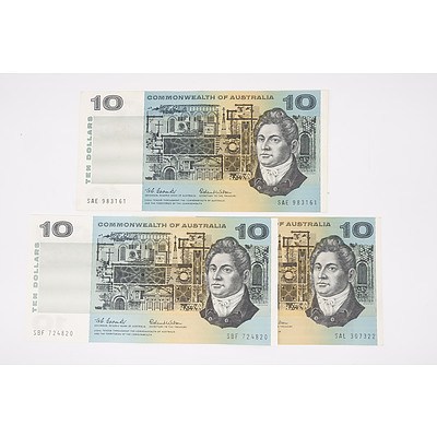 Three 1966 Commonwealth of Australia Coombs / Wilson Ten Dollar Notes, Including 1969 Phillips / Randall NFT129420