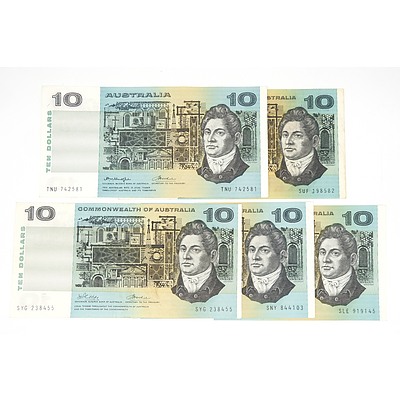 Five Australian Ten Dollar Notes, Including Phillips / Randall SLE919145 and Phillips / Wheeler SUF19858