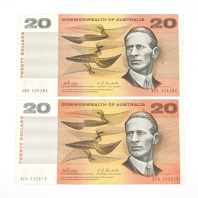 Two 1968 Commonwealth of Australia Phillips/ Randall Twenty Dollar Notes, XBX326386 and XEG232819