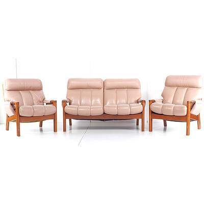 Tessa Wellington Three Peice Suite with Light Salmon Leather Upholstery, Designed by Fred Lowen