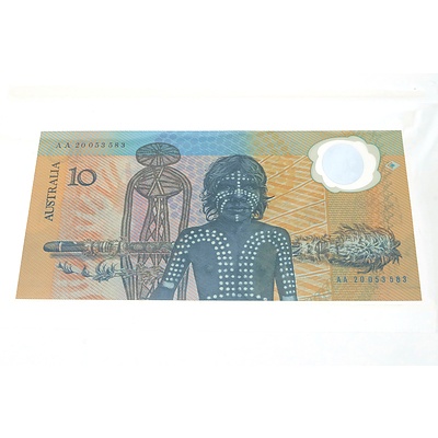 Two Consecutive Australian $10 Commemorative Notes with Folder and Envelope, AA20053583 and AA20053584