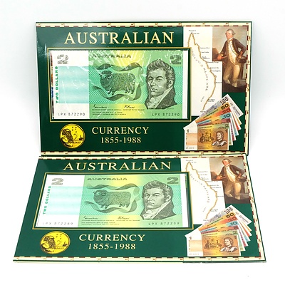 Two Consecutive Australian $2 Johnston/ Fraser Note in Folders, LPX872289- LPX872290