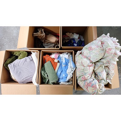 20 Large Boxes of Assorted Clothes, Ties, Suits, Linen, Doonas, Towels, Teatowels, Doilies, Shoes, Pillows, Bags and More