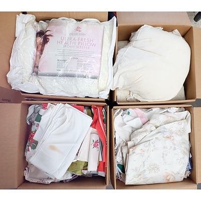 20 Large Boxes of Assorted Clothes, Ties, Suits, Linen, Doonas, Towels, Teatowels, Doilies, Shoes, Pillows, Bags and More