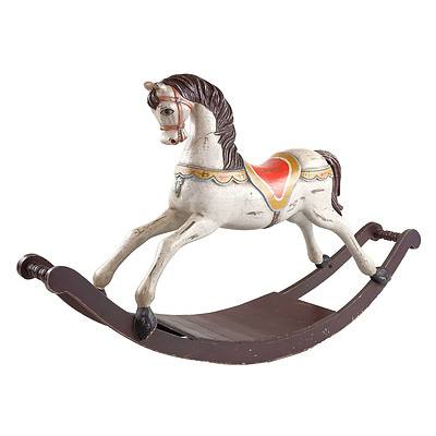 Vintage Polychrome Painted Carved Wood Rocking Horse