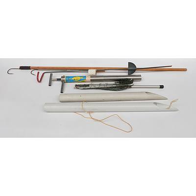 Fishing Equipment inlcuding, Hooks, Yabbie Pump, Nets, Beach Fishing Rod Holders and More