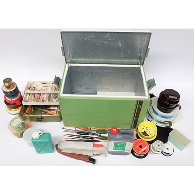 Large Assortment of Fishing Equipment in Green Malley's Eski including: Lines, Lures, Knives, Chopping Boards, Tuna Oil and More