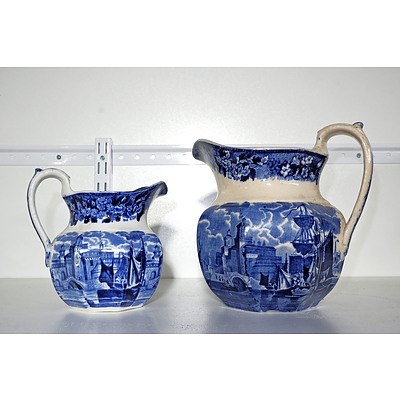 Two Late Victorian Wedgwood Blue and White Jugs