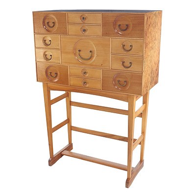 Fine Bespoke Burr Walnut Veneered Solid Mixed Timbers Cabinet on Stand Circa 1970s