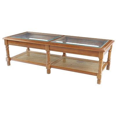 Large Coffee Table with Glass Top and Rattan Under Shelf
