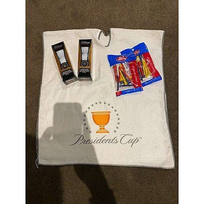 Official 2019 Presidents Cup Caddy Towel with Pro V1 Balls and Tees