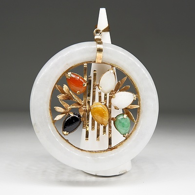 Chinese Jade Pendant the Centre with Six Jadeite Tear Drop Shaped Cabouchons in Claw Setting