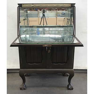 Vintage Chippendale Style Bureau Bar with Carved Linenfold Panel