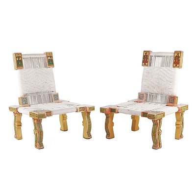 Pair of Indian Polychrome Painted Wood and Cord Upholstered Chairs, Later 20th Century