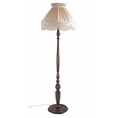 Substantial Turned English Oak Standard Lamp with Pleated and Fringed Satin Brocade Shade, Early 20th Century