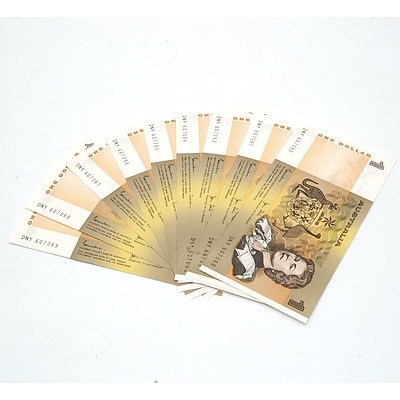 Ten Consecutively Numbered Australian Johnston/ Stone $1 Notes, DNY 607060 - DNY 607069