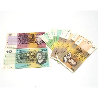 Group of Australian Paper Notes, Including Knight/ Stone $10 Notes TTB523734 and Fraser/Cole $5 Note QLG197437 and More