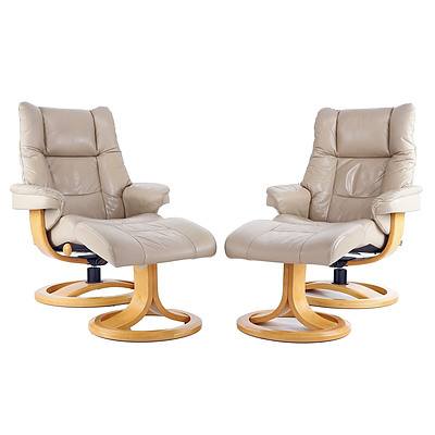 Pair of IMG 'Nordic 60' Beige Leather Reclining Armchairs with Ottomans