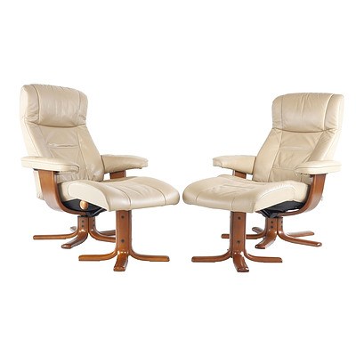 Pair of IMG Beige Leather Upholstered Armchairs with Footstools 